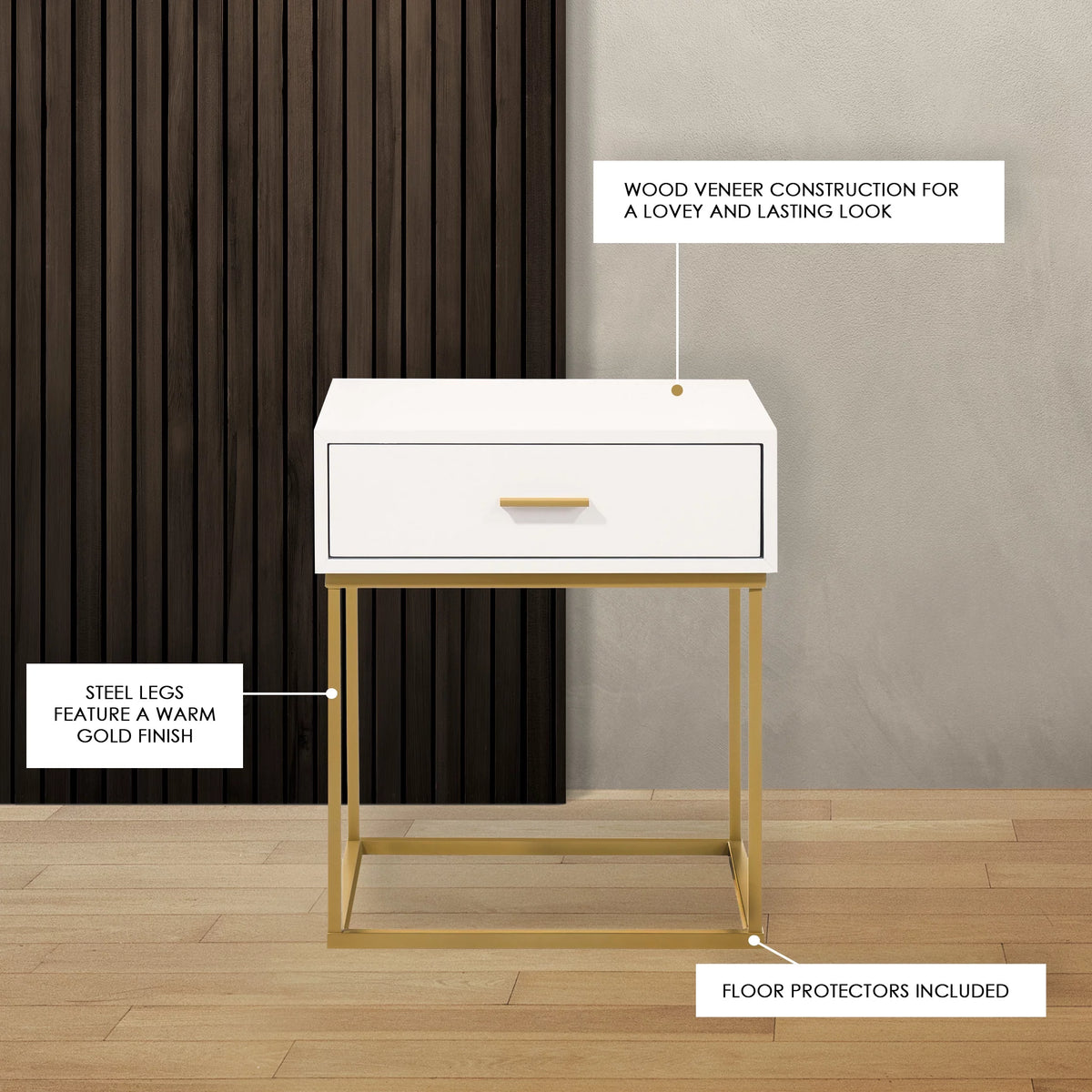 White 1-Drawer Nightstand with Gold Metal Legs M39367