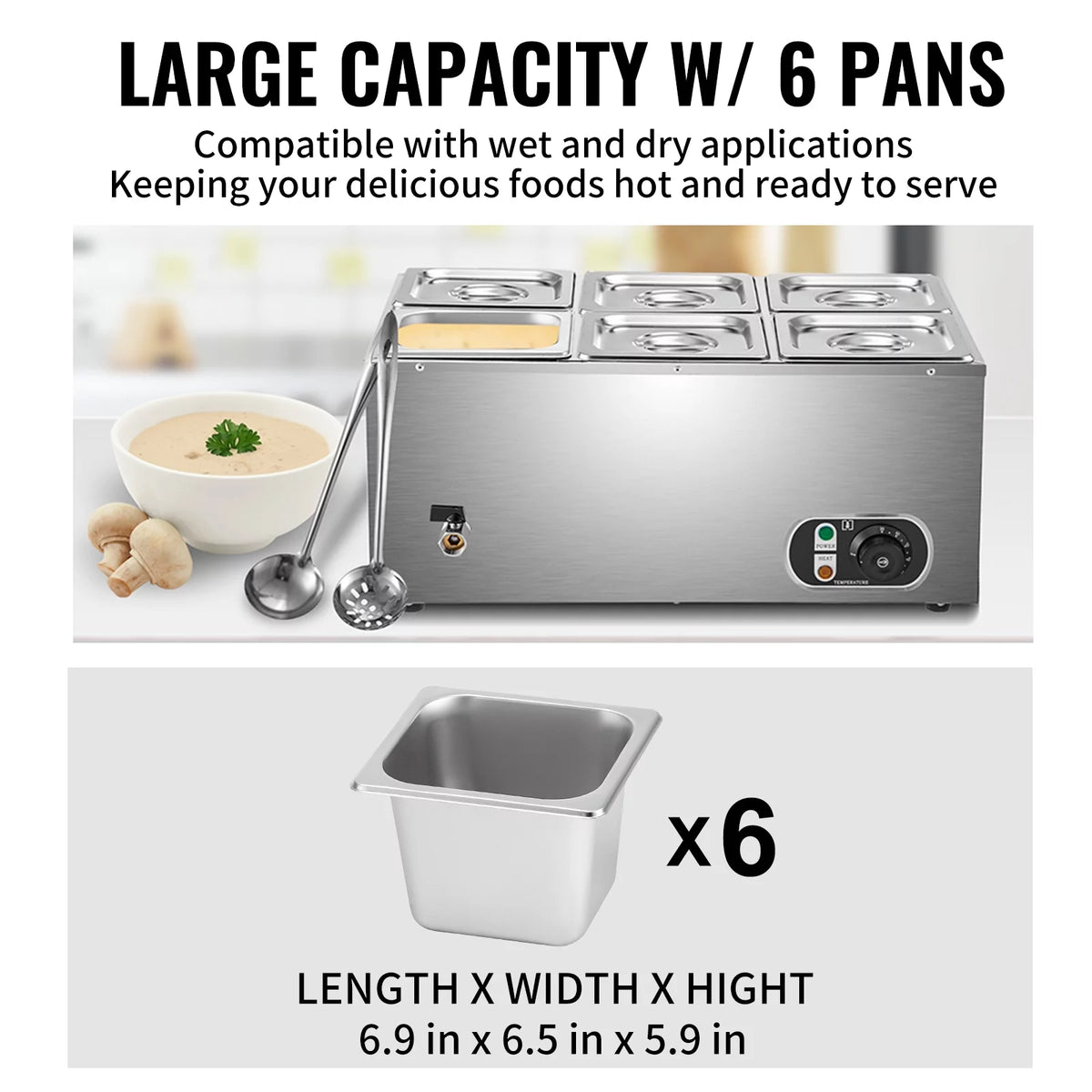 110V 6-Pan Stainless Steel Commercial Food Warmer B13519