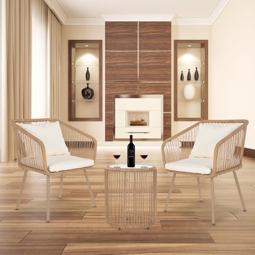 3-Piece Wicker Patio Bistro Set with 2 Chairs Coffee Table Cushions N64467