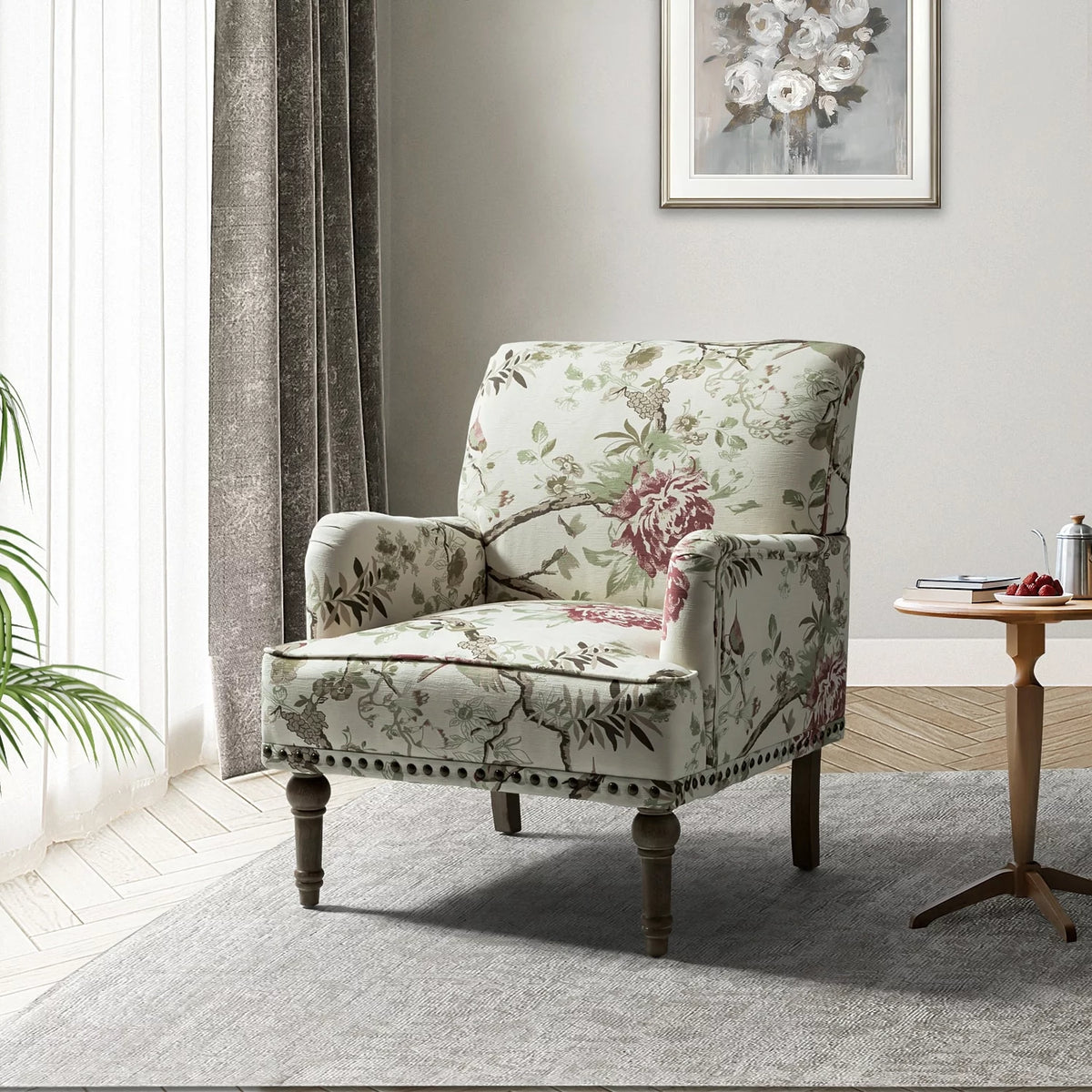 Navy Floral Upholstered Accent Armchair M432