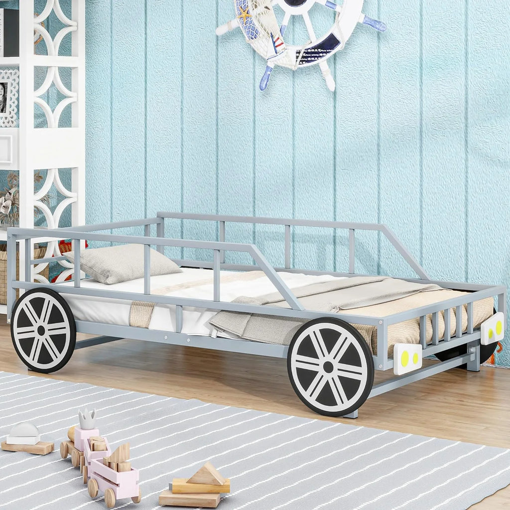 Metal Car-Shaped Platform Bed with Wheels and Guardrails Z418637