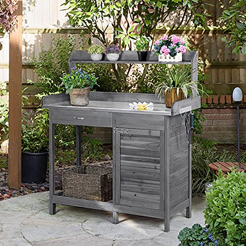 Gray Wooden Potting Bench with Cabinet Drawer B81619