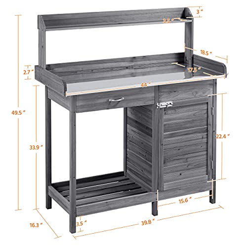 Gray Wooden Potting Bench with Cabinet Drawer B81619