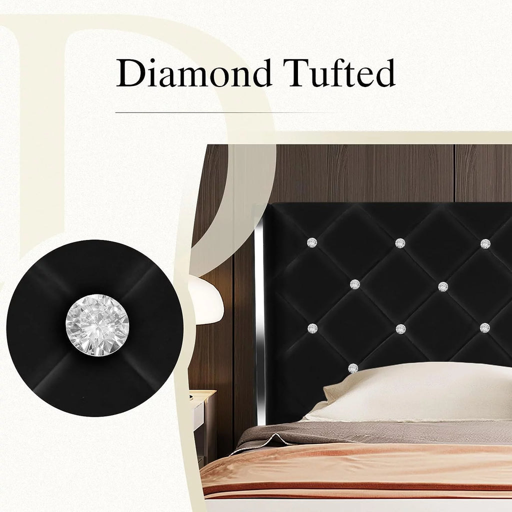 Queen Size Upholstered Platform Bed Frame with Wingback Diamond Tufted Headboard O279