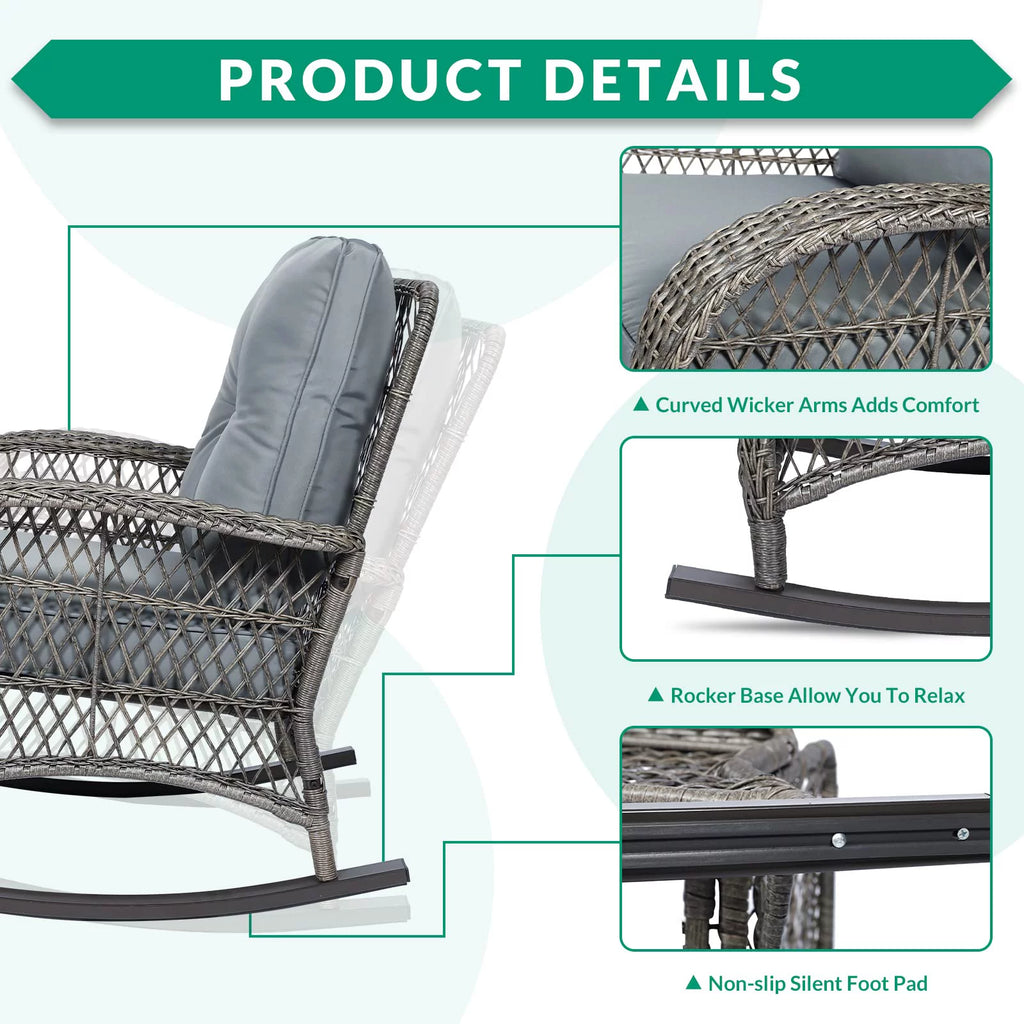3-Piece Outdoor Wicker Rocking Bistro Set with Glass Top Side Table P504