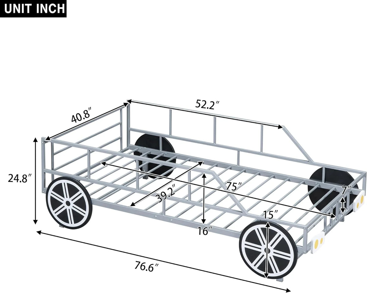 Metal Car-Shaped Platform Bed with Wheels and Guardrails Z418637