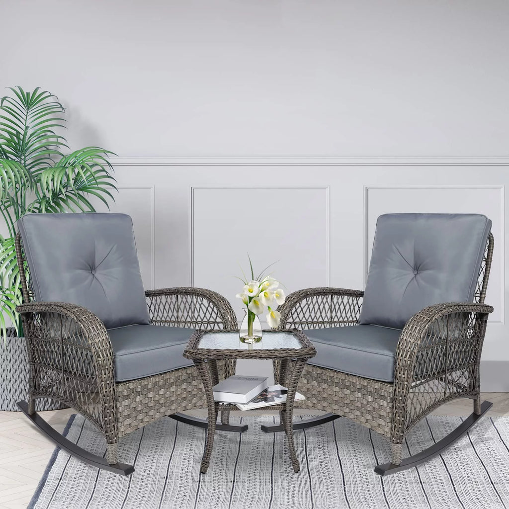 3-Piece Outdoor Wicker Rocking Bistro Set with Glass Top Side Table P504