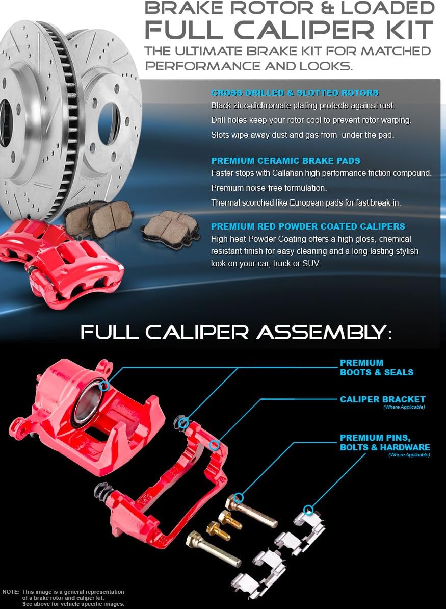 Red Powder Coated Calipers Drilled Slotted Rotors Ceramic Pads W13216