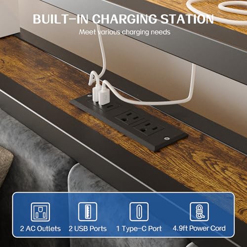 Queen Size Platform Bed Frame with Storage Headboard and Charging Station R422