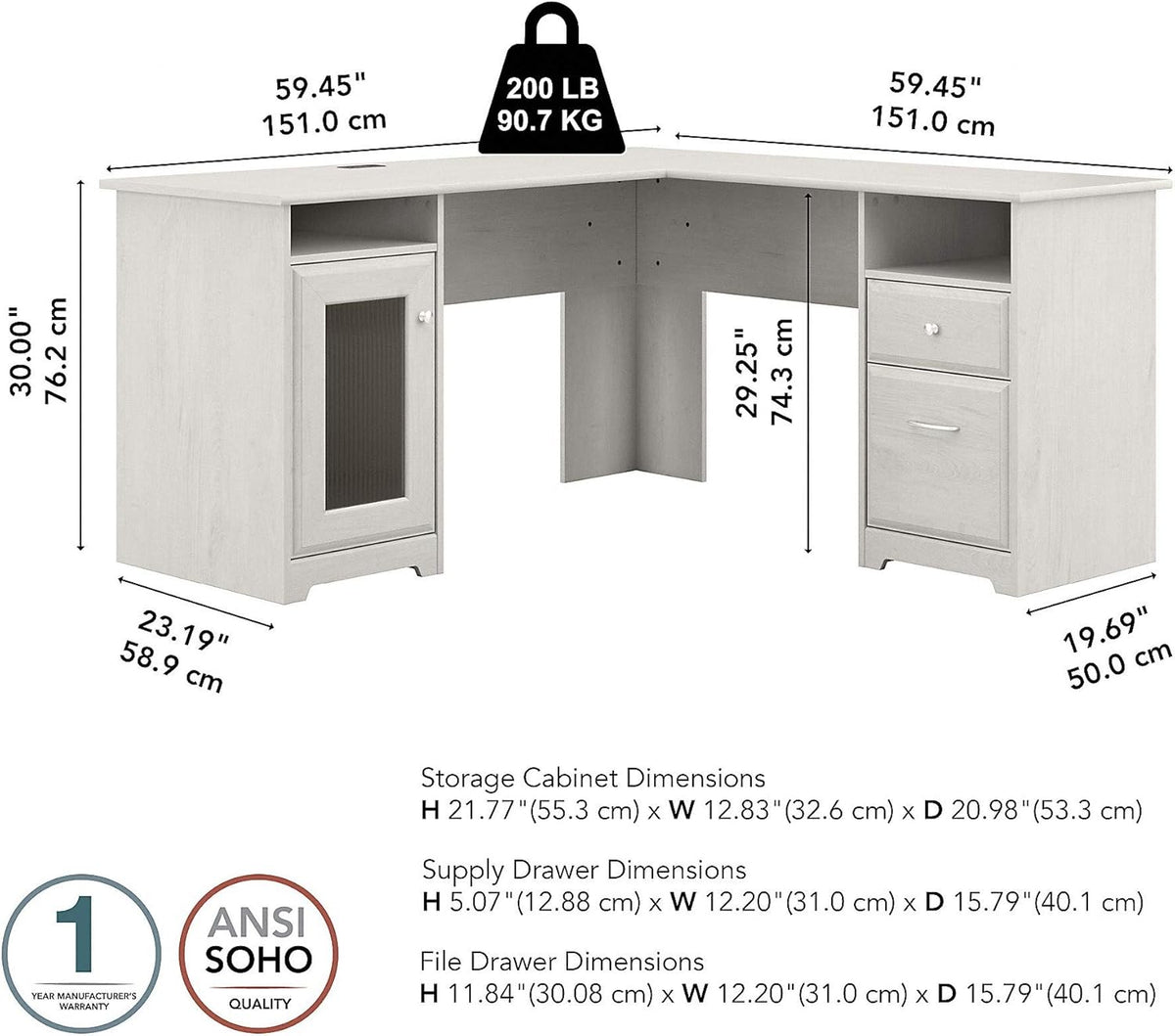 L Shape Desk, 60W, Linen White Oak Z87116