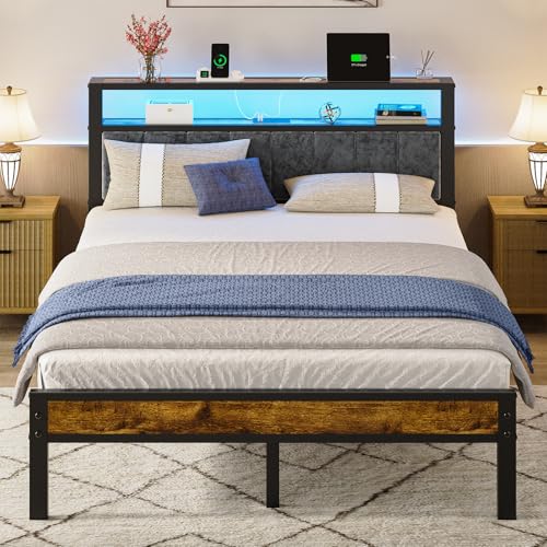 Queen Size Platform Bed Frame with Storage Headboard and Charging Station R422