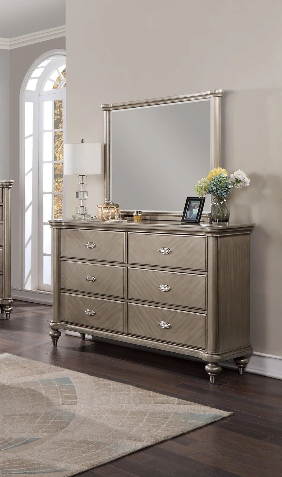 Grey 4p Eastern King Size Bed Dresser Mirror Nightstand I38553