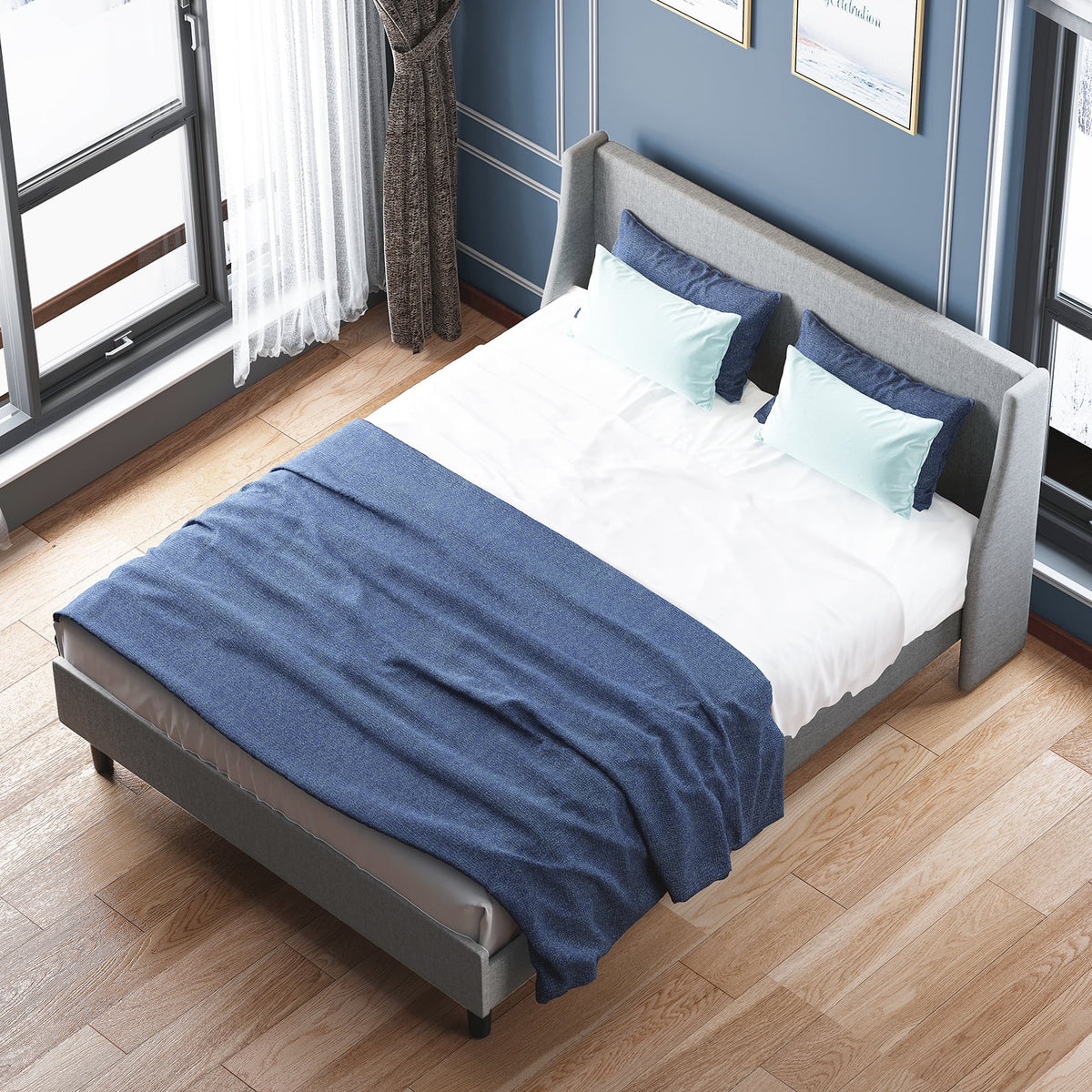 King Size Light Gray Linen Upholstered Bed Frame H536782