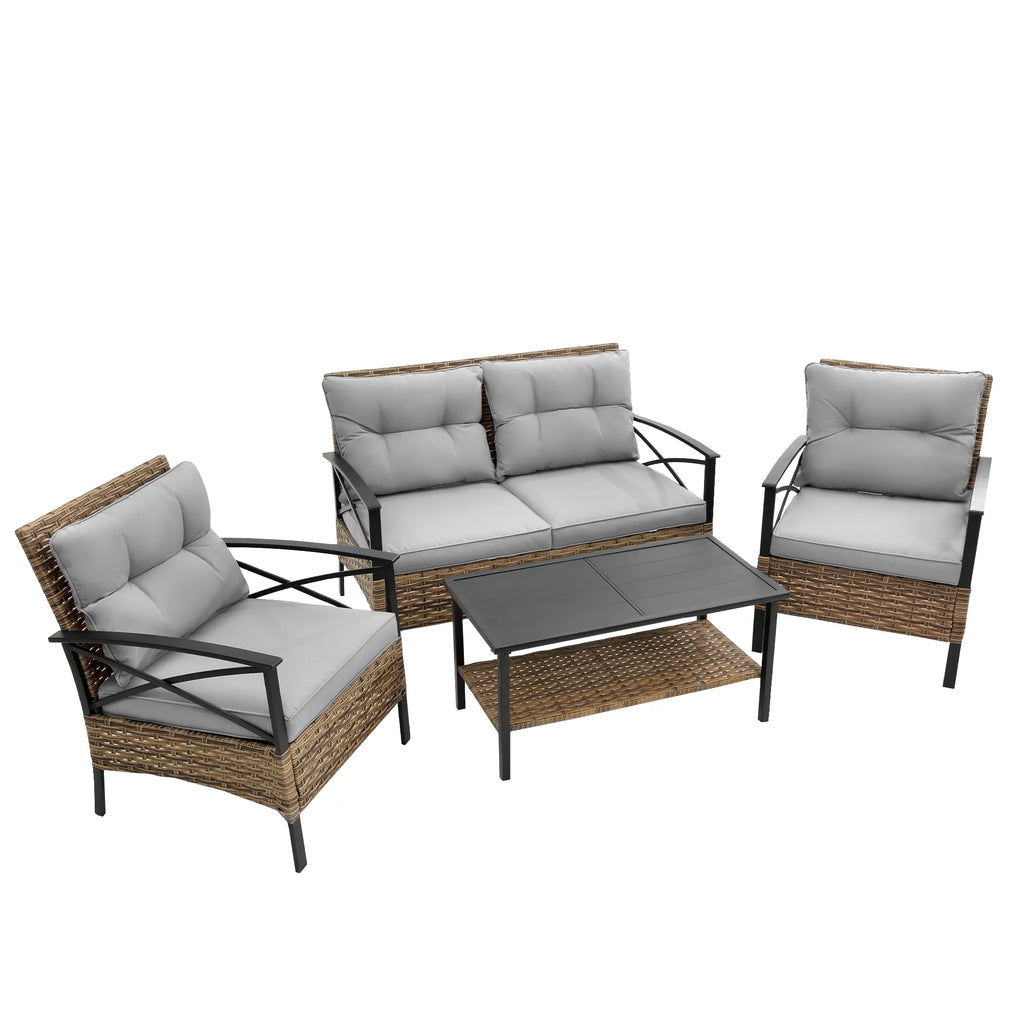 4 Piece Grey Wicker Sofa Set with Cushions G6364