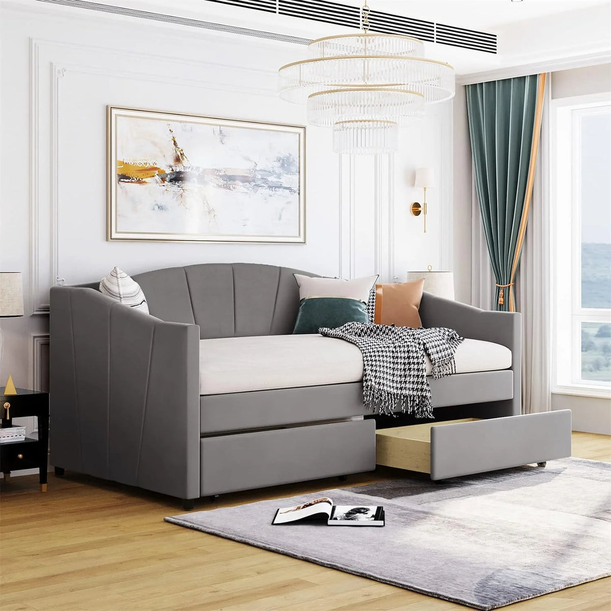 Velvet Gray Upholstered Daybed with Storage Drawers M41947