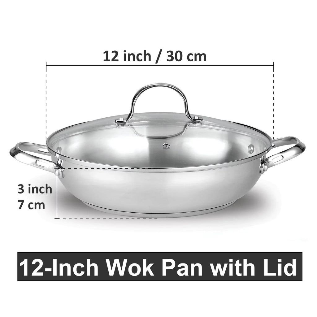 Stainless Steel 12-Inch Wok Stir Fry Pan with Glass Lid I917590