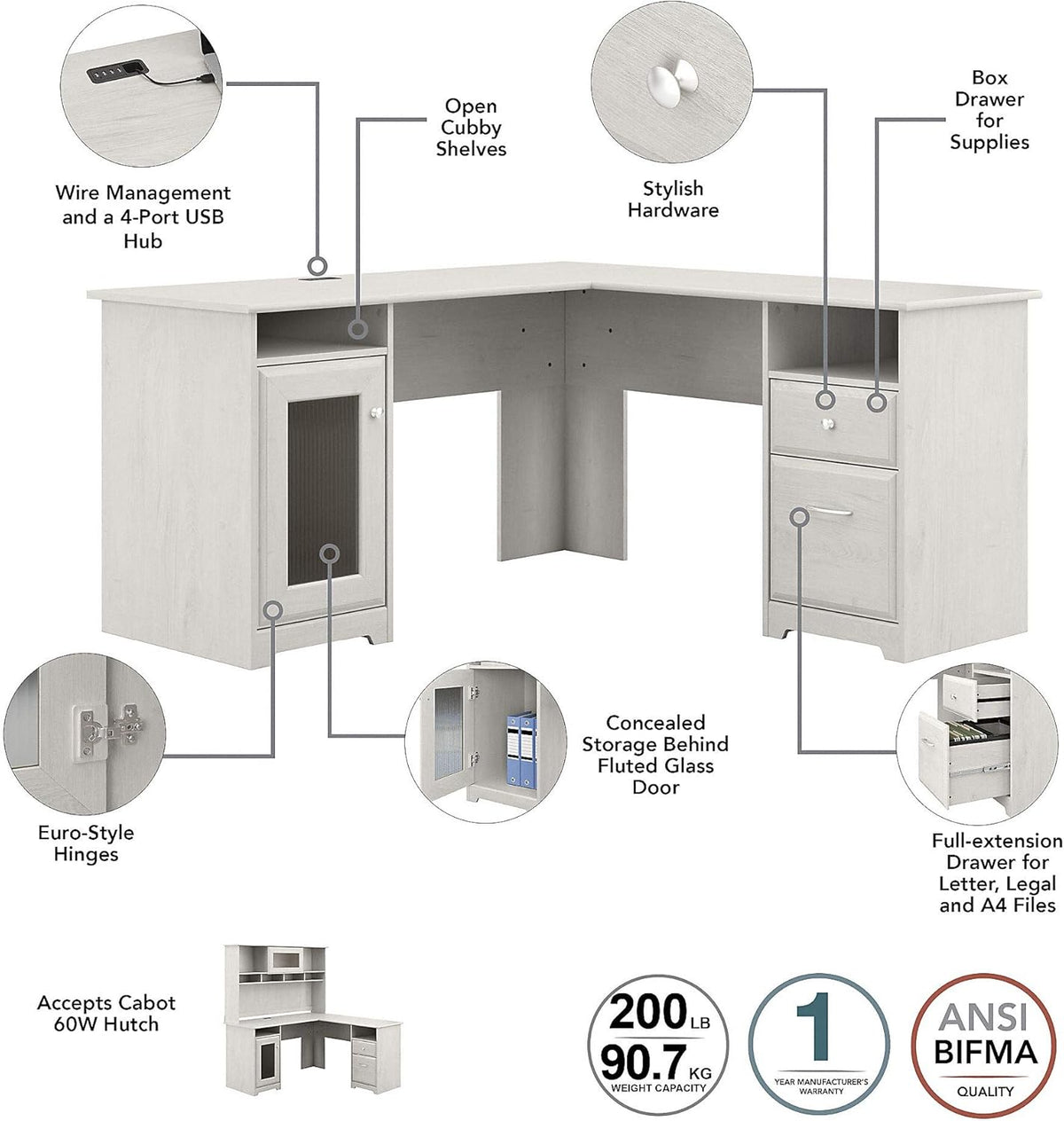 L Shape Desk, 60W, Linen White Oak Z87116