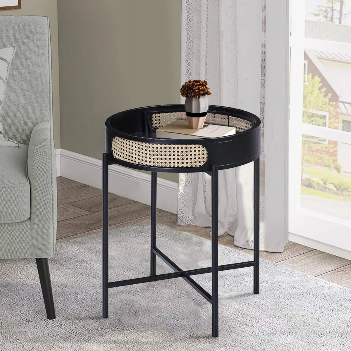 24 Inch Round End Table Rattan Accent Metal Legs Black U92652