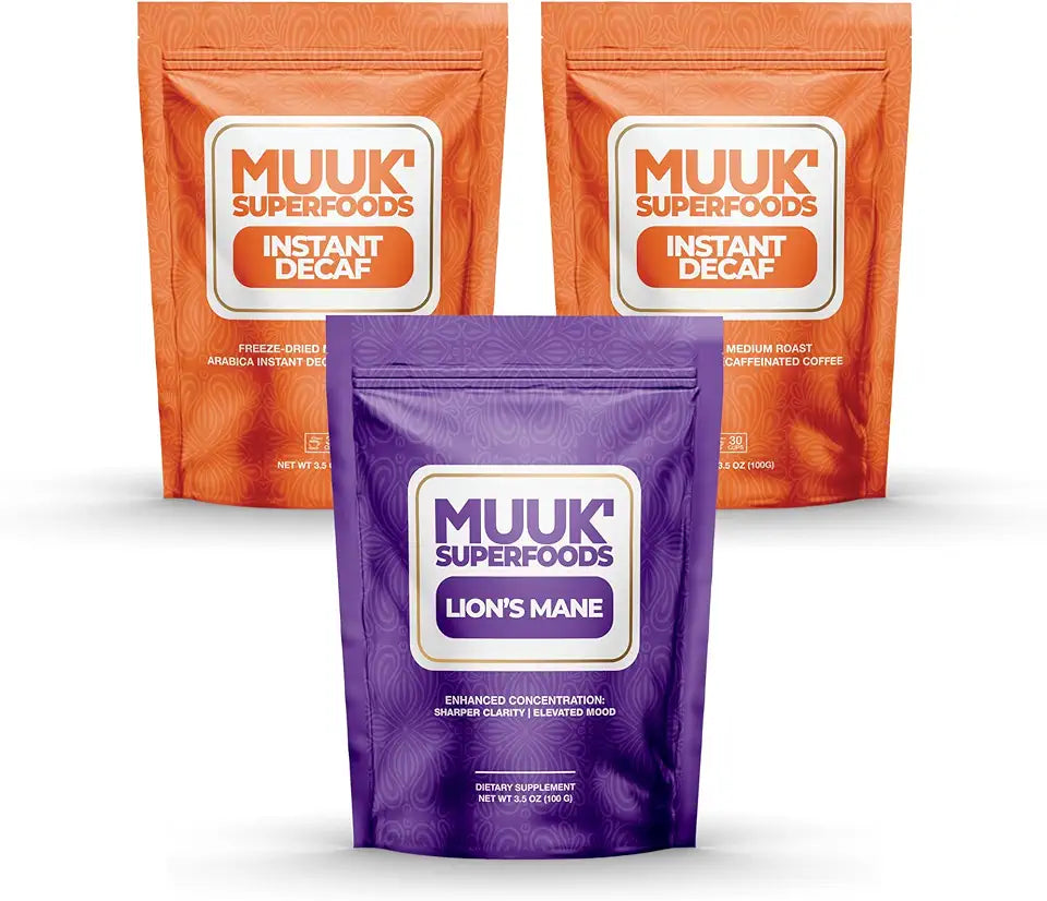 Decaf Mushroom Coffee Bundle 60 Servings Lion's Mane Mushroom Powder Plus 60 Cups Decaffeinated Instant Coffee T93961