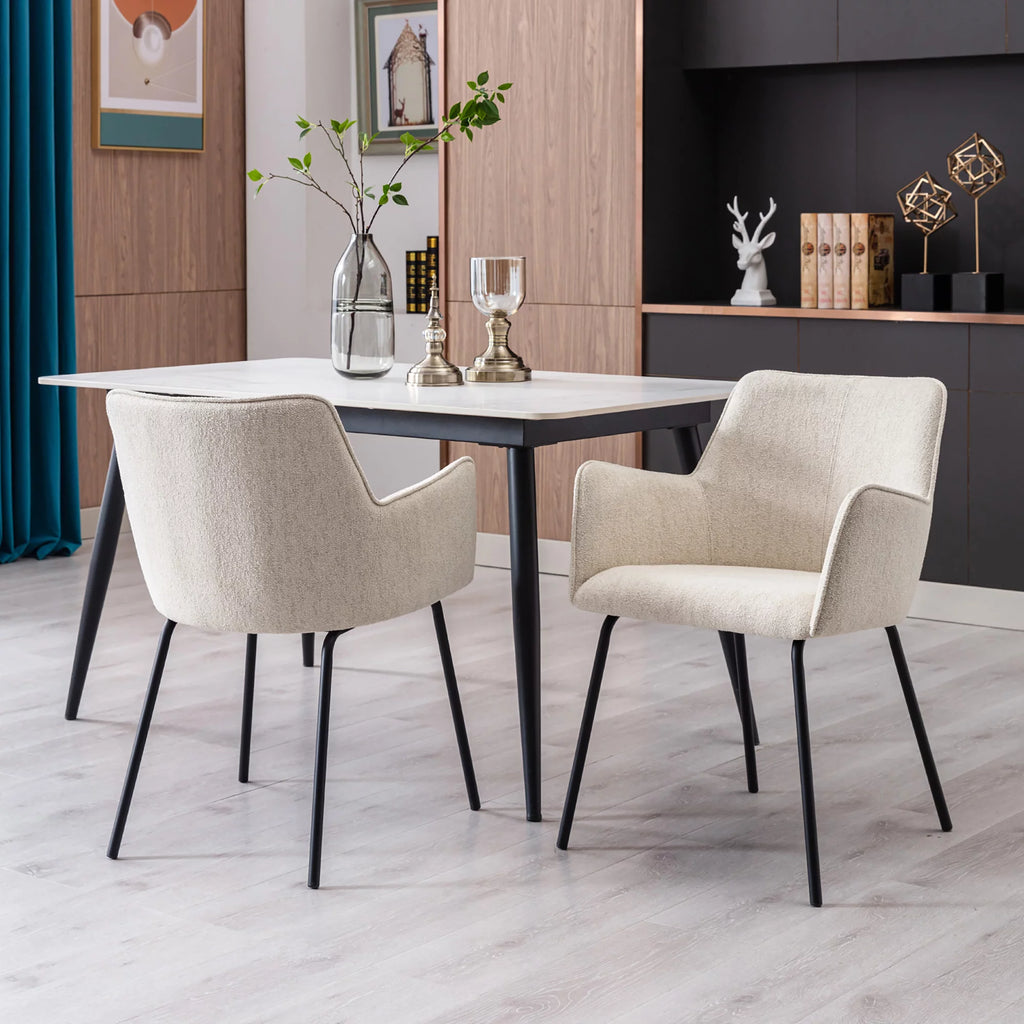 Beige Linen Upholstered Dining Chairs Set of 2 with Black Metal Legs L84825