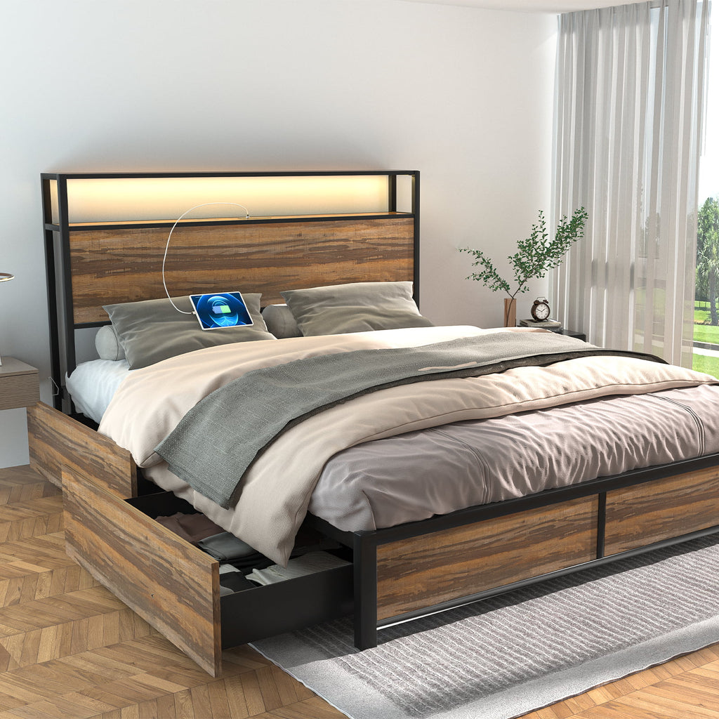 Queen Size LED Metal Bed Frame with 4 Storage Drawers and Headboard W29057