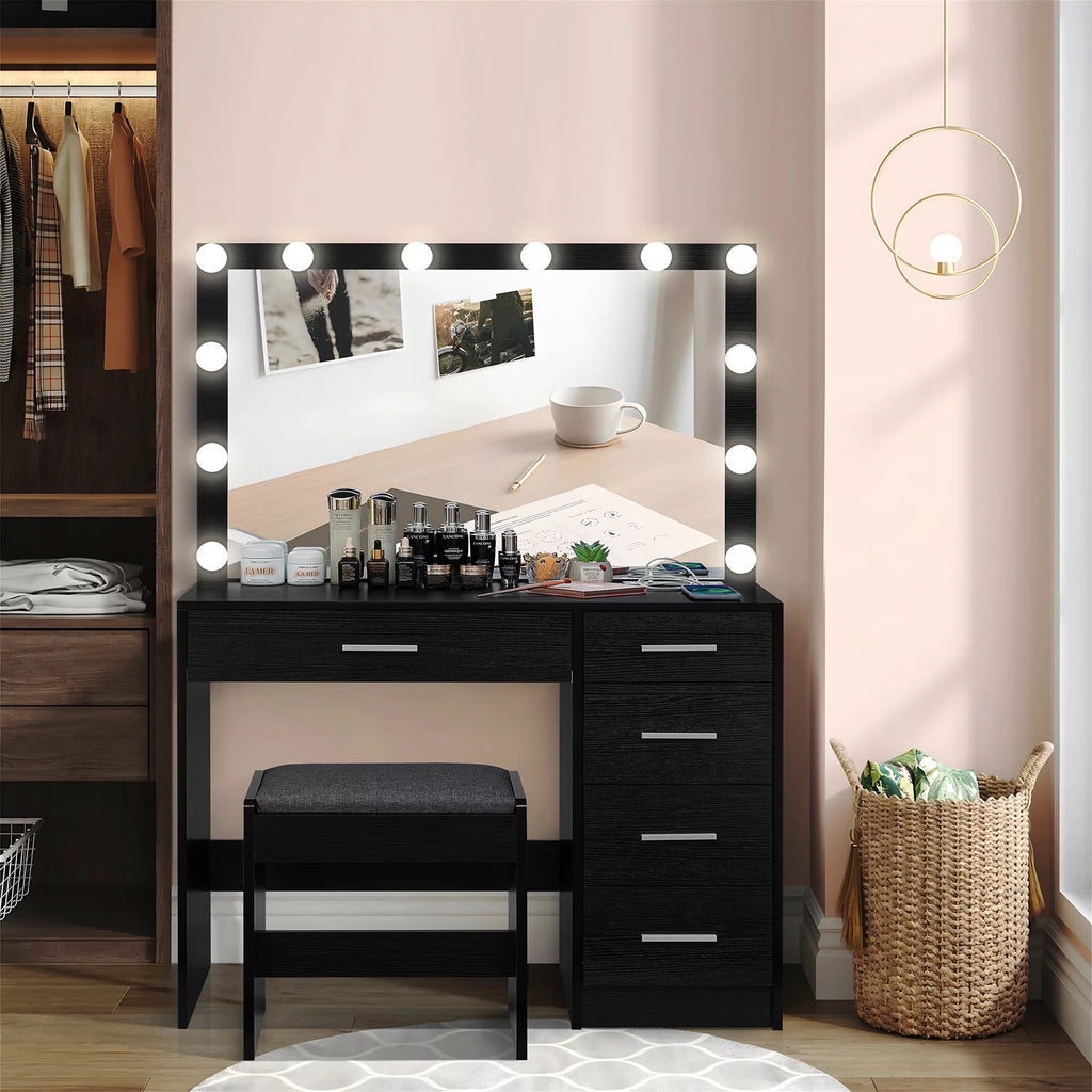 Black Makeup Vanity Table with Lighted Mirror and Stool C686