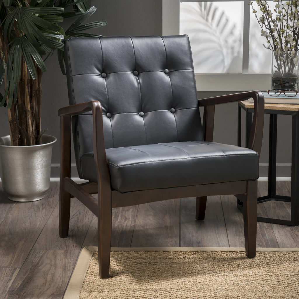 Mid Century Modern Faux Leather Club Chair with Wood Frame I936