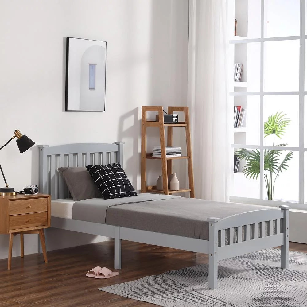 Gray Solid Pine Wood Twin Bed Frame with Headboard Y95847