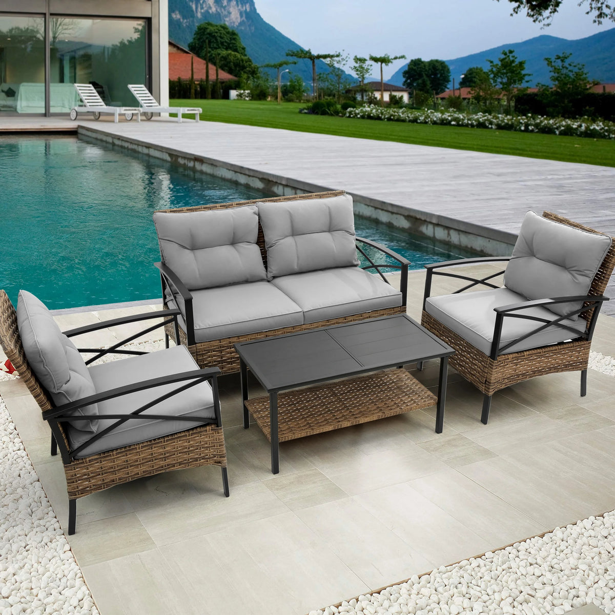 4 Piece Grey Wicker Sofa Set with Cushions G6364