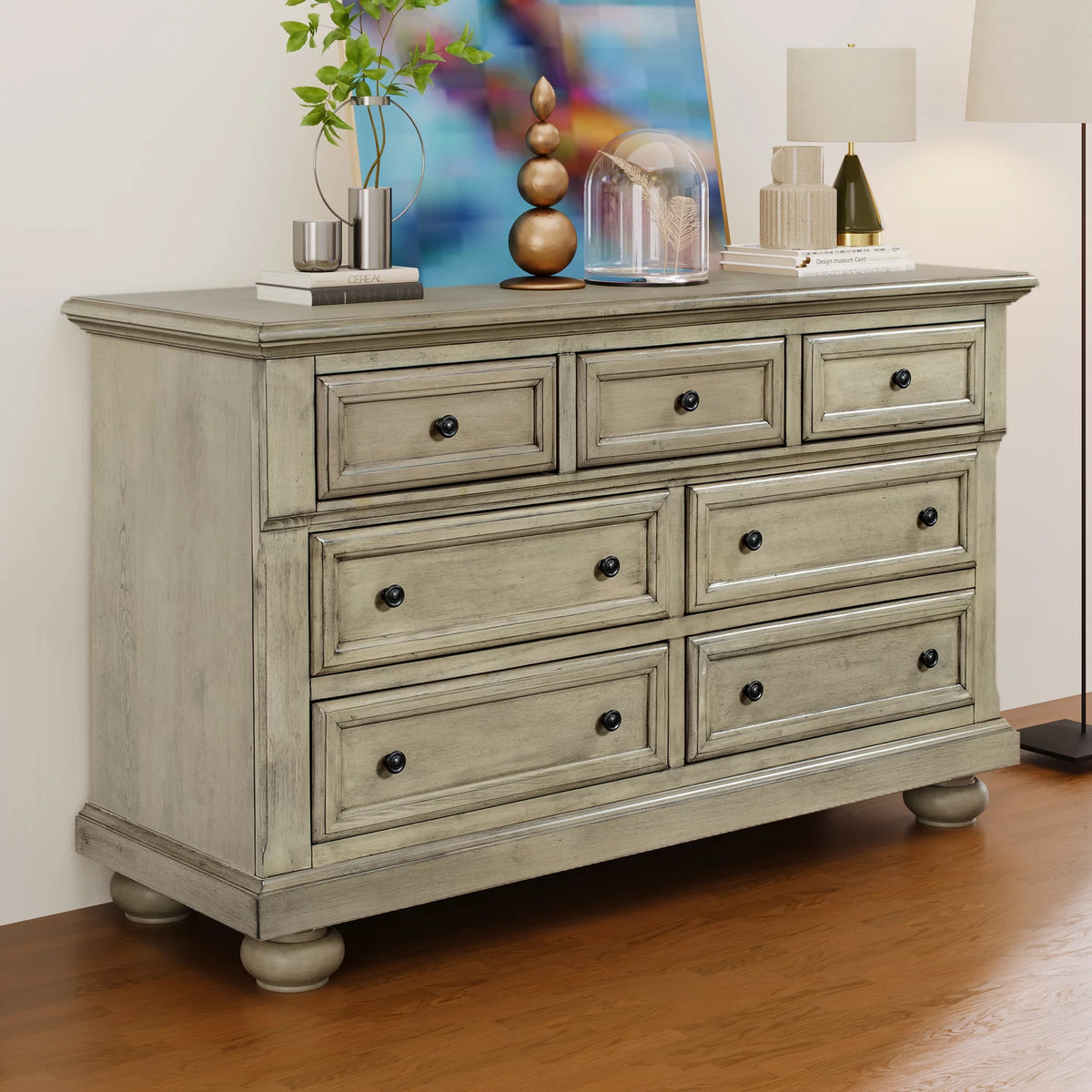 Stone Gray 7 Drawer Solid Wood Dresser C378826