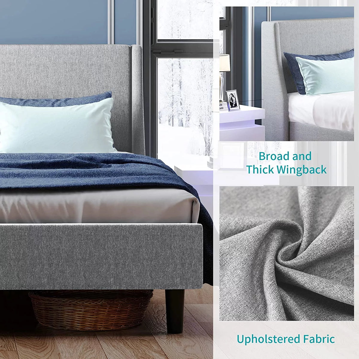 King Size Light Gray Linen Upholstered Bed Frame H536782