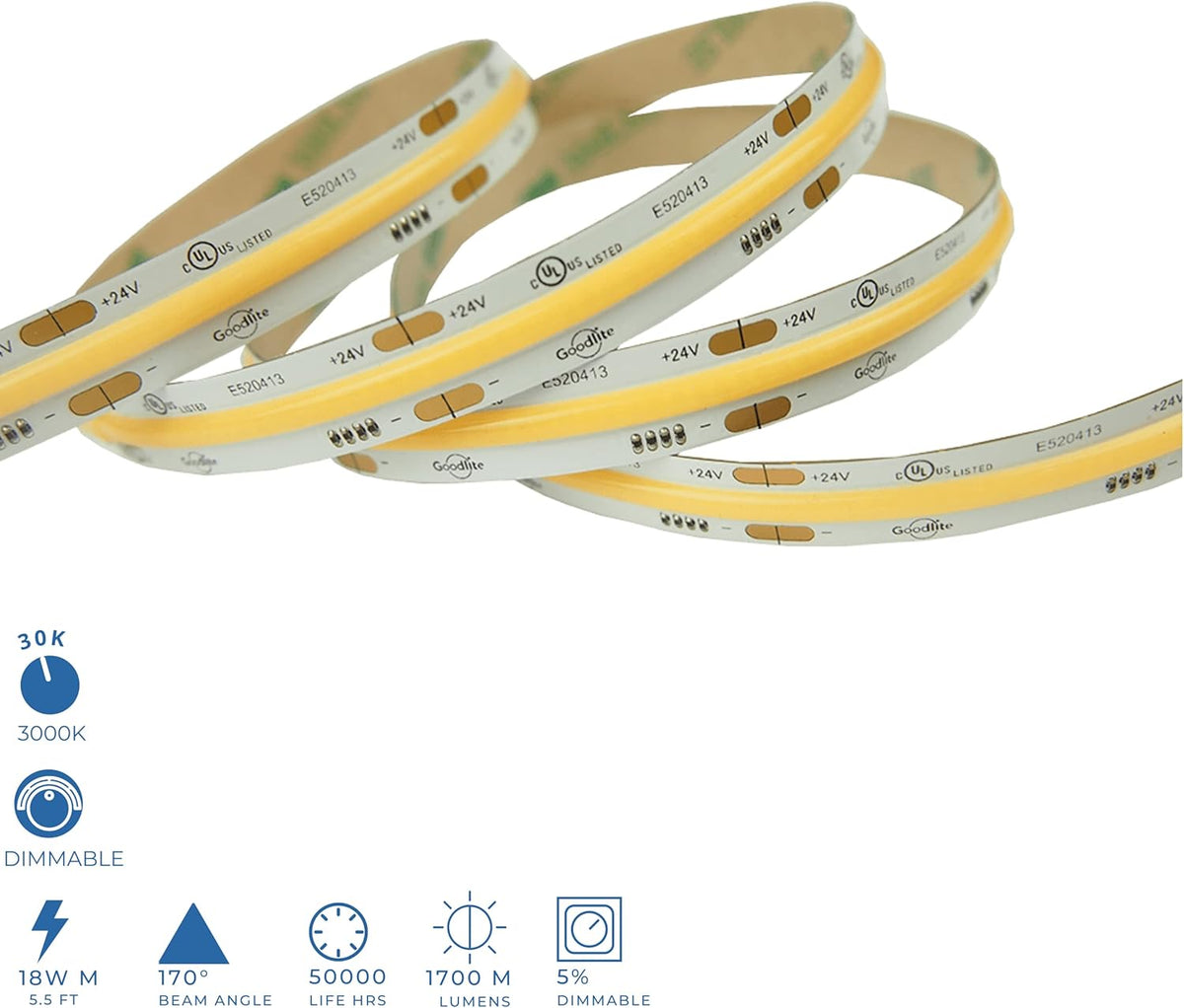 24v Dimmable COB LED Tape Light 90 Watts Warm White 3000k J8366