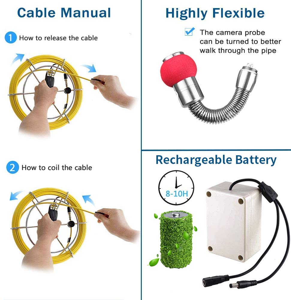 50m Drain Pipe Inspection Camera with 7 Inches LCD Monitor U8918
