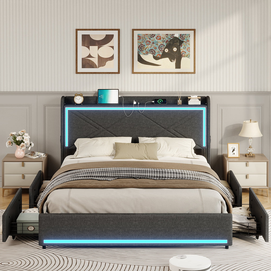 Queen Bed Frame with LED Lights Headboard and Charging Station, Upholstered Platform Bed with Storage Drawers, Dark Gray Q31804