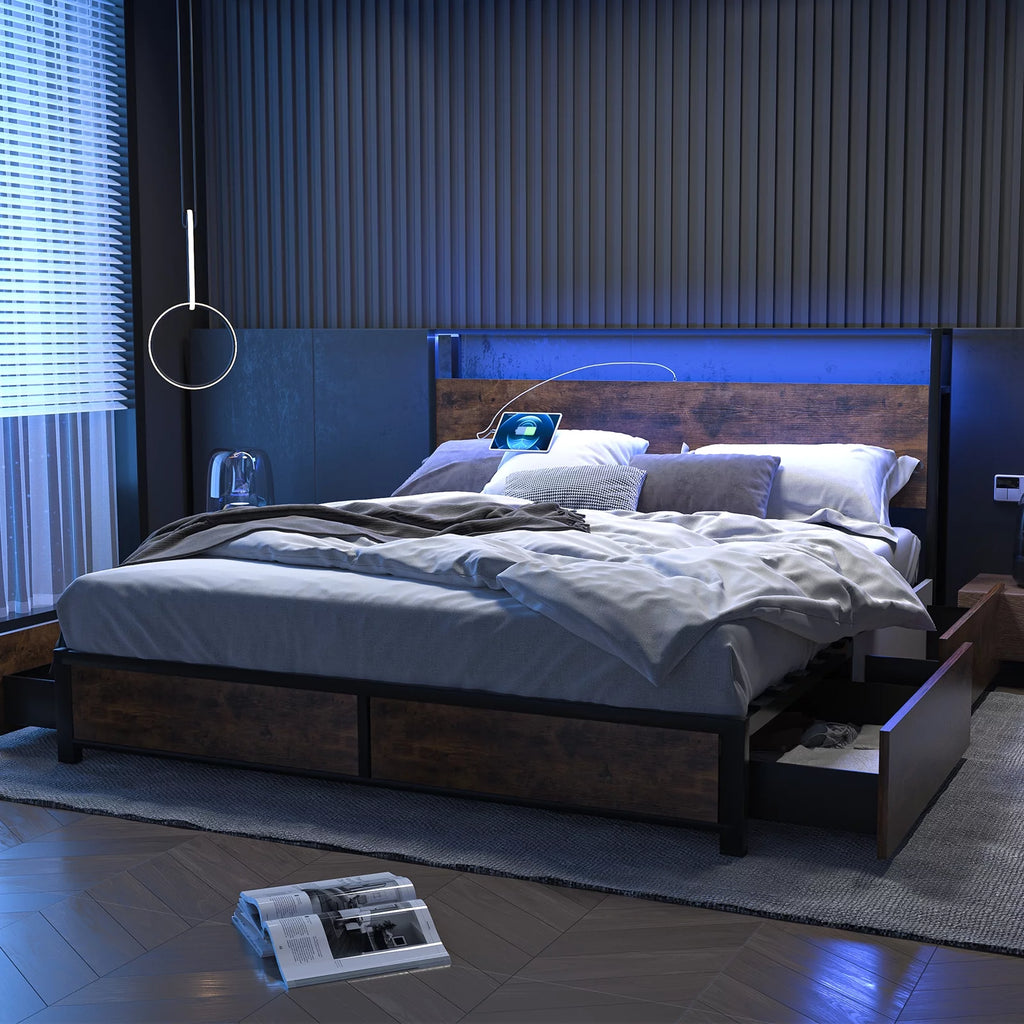 Queen Size LED Metal Bed Frame with 4 Storage Drawers and Headboard W29057