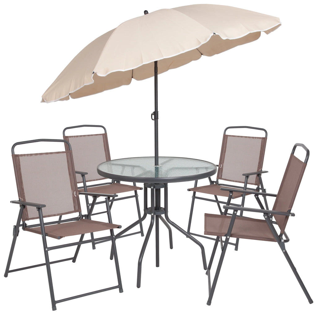 6-Piece Patio Set with Glass Table, Umbrella, and 4 Folding Chairs, Black D615056