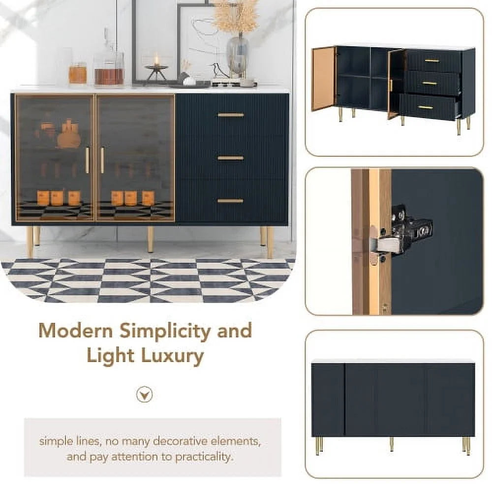 Modern MDF Buffet Cabinet with Tempered Glass Doors and Gold Metal Legs J6707