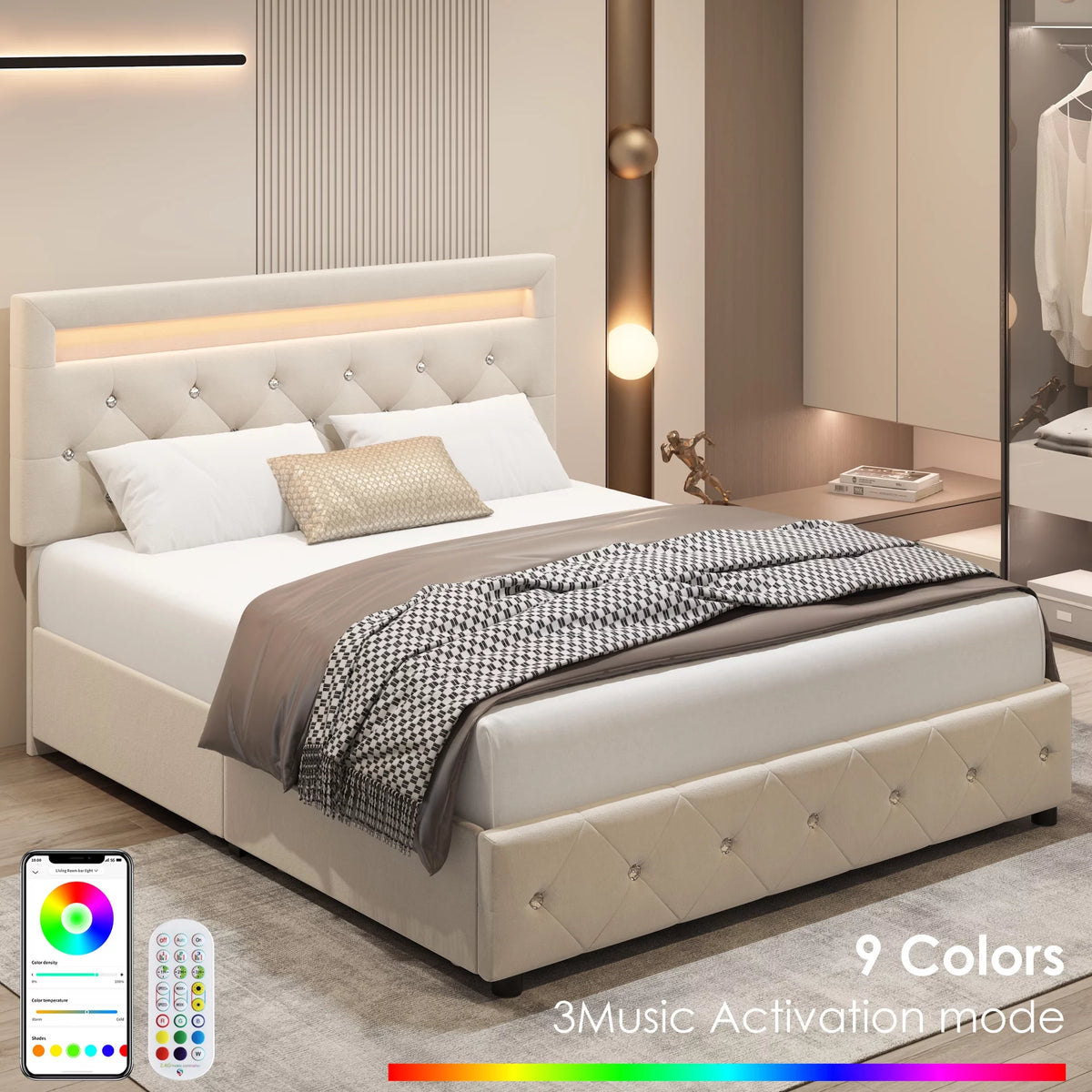 Full LED Bed Frame with 4 Storage Drawer, Upholstered Platform Bed with Adjustable Headboard, Black F7891