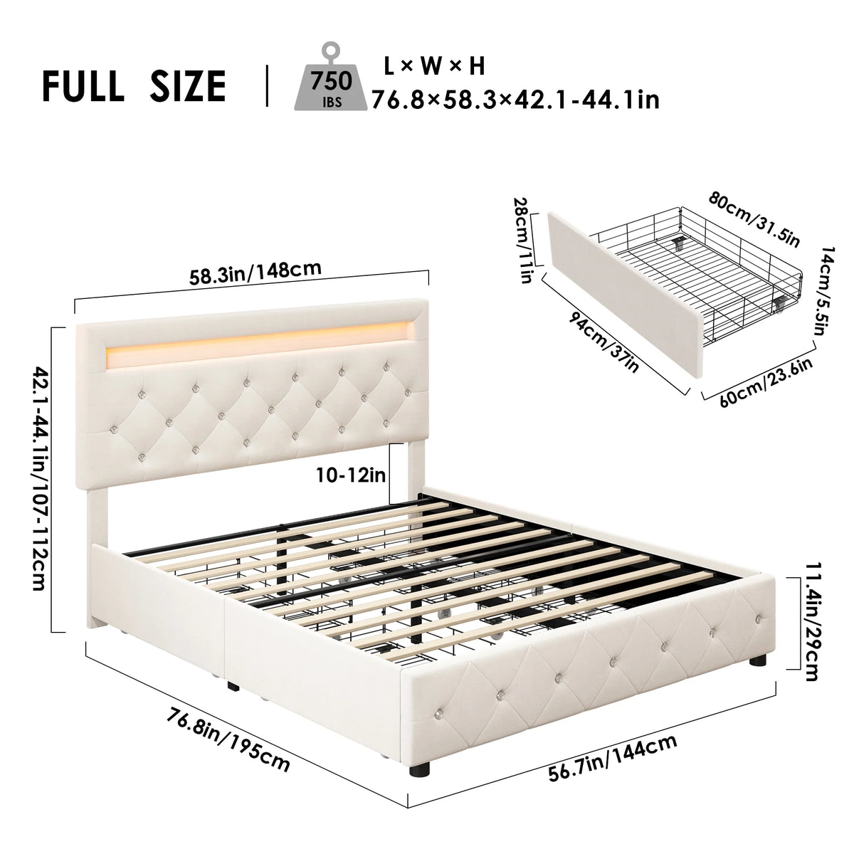 Full LED Bed Frame with 4 Storage Drawer, Upholstered Platform Bed with Adjustable Headboard, Black F7891