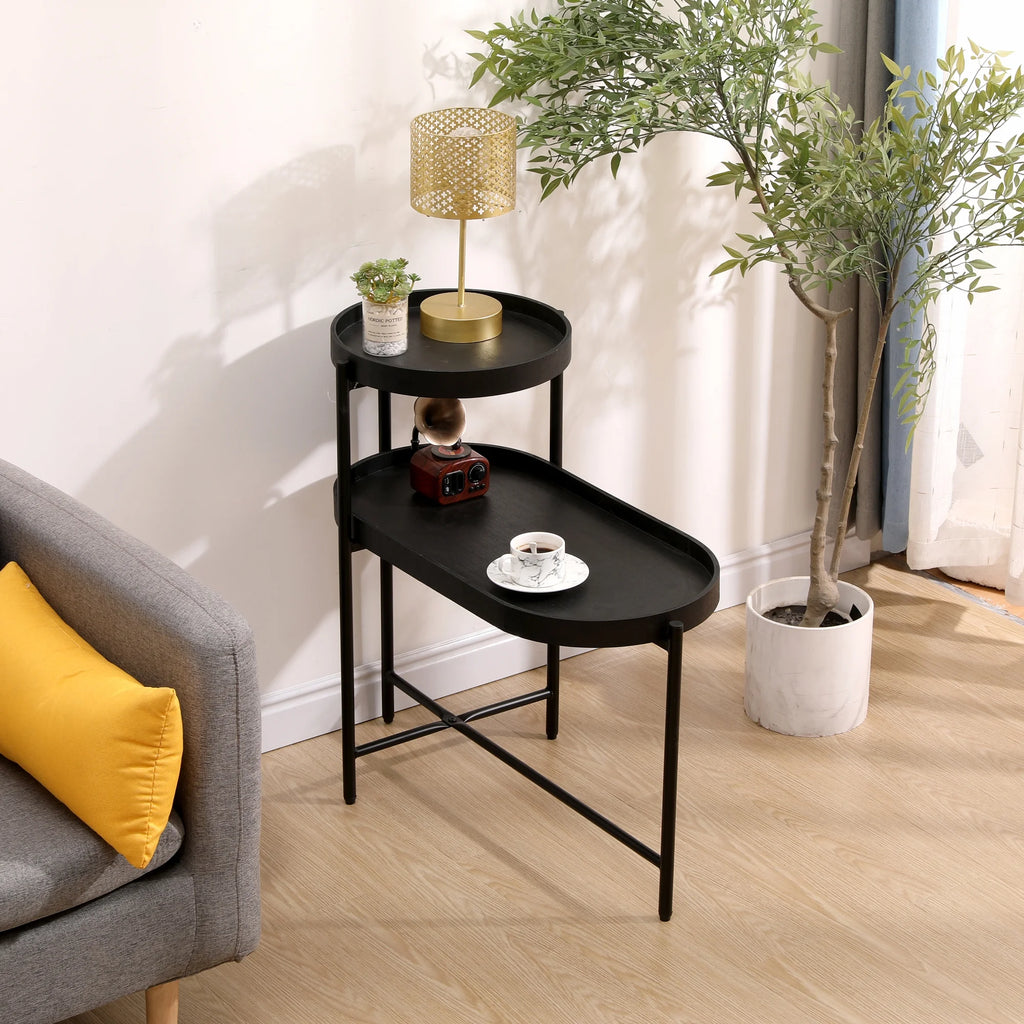 Black 2-Tier Side Table with Storage C935979