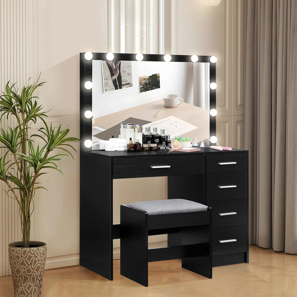 Black Makeup Vanity Table with Lighted Mirror and Stool C686