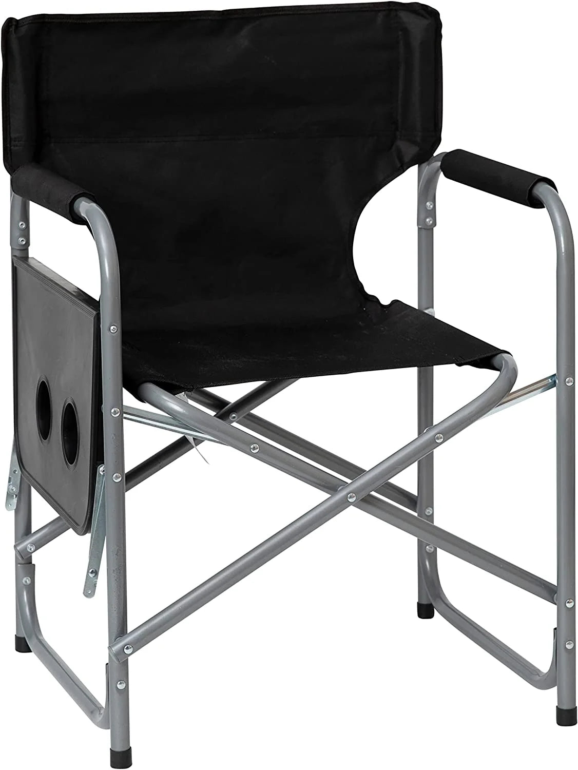 Black Folding Camping Chair with Side Table and Cup Holder W60049
