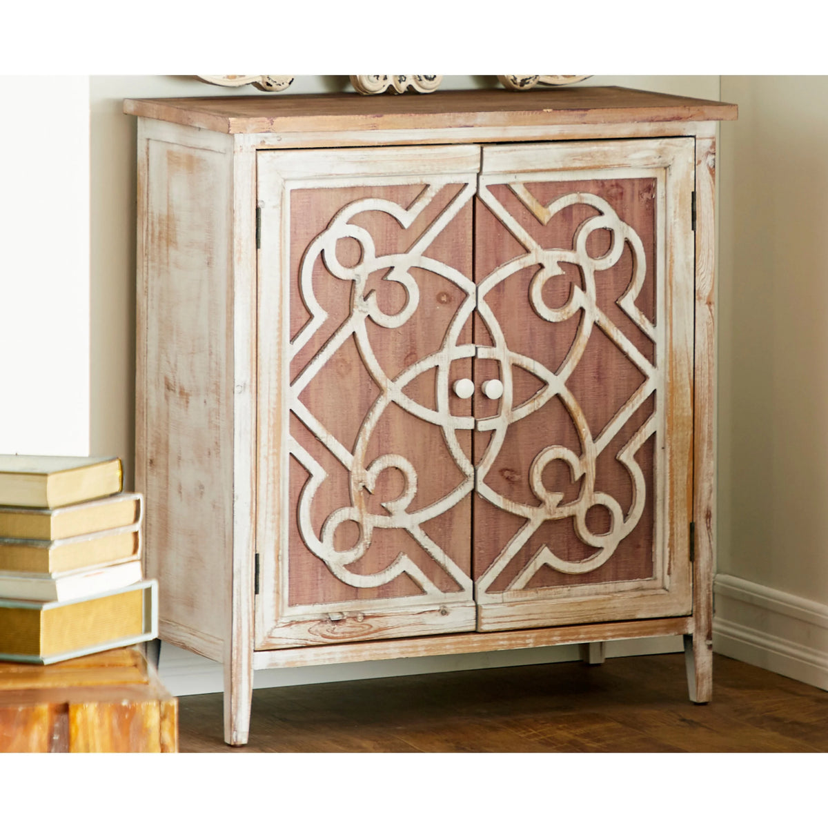 Light Brown Wood 1 Shelf 2 Door Geometric Cabinet R68220