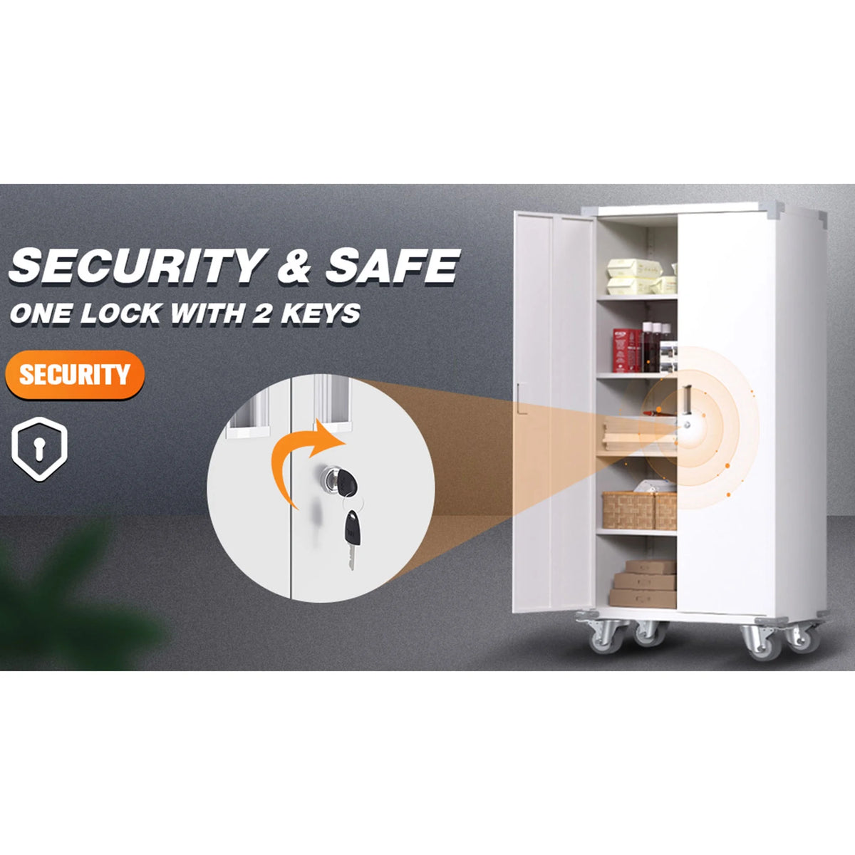 72” Locking Metal Garage Storage Cabinet with Wheels & Pegboards, White N985772