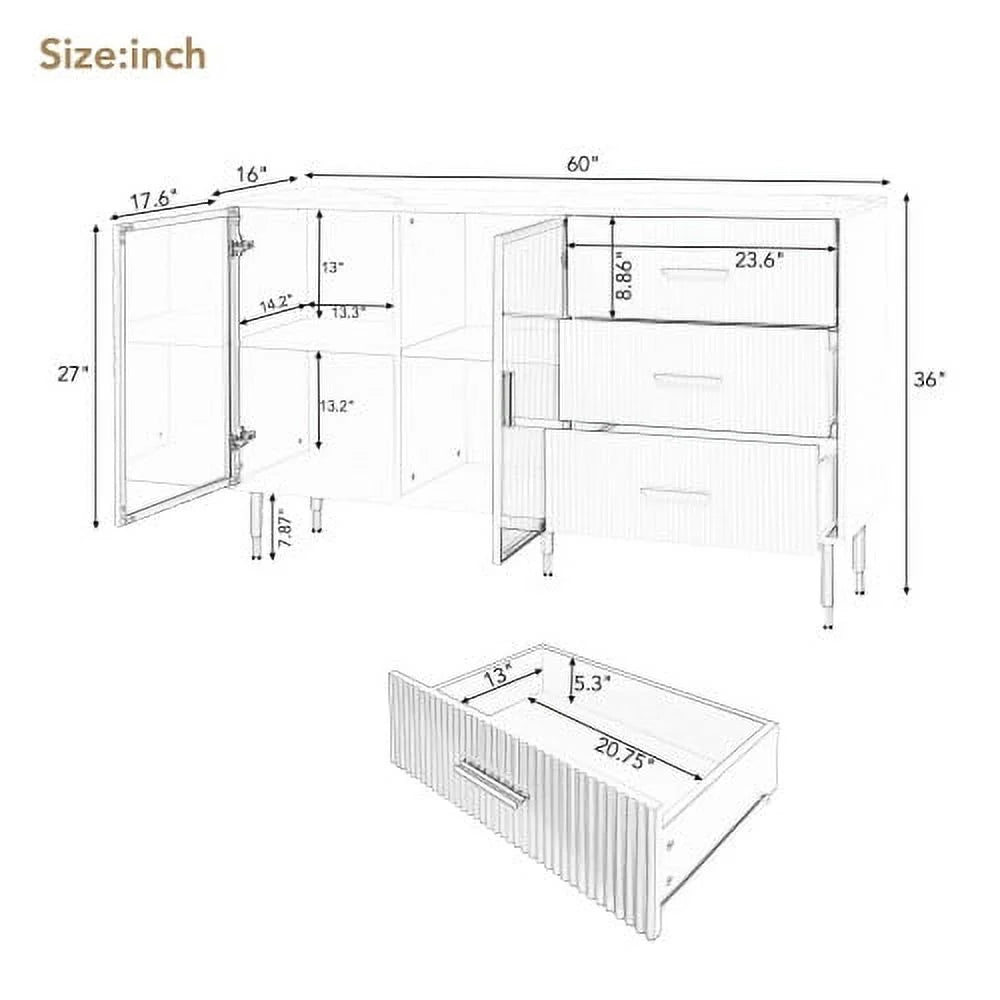 Modern MDF Buffet Cabinet with Tempered Glass Doors and Gold Metal Legs J6707