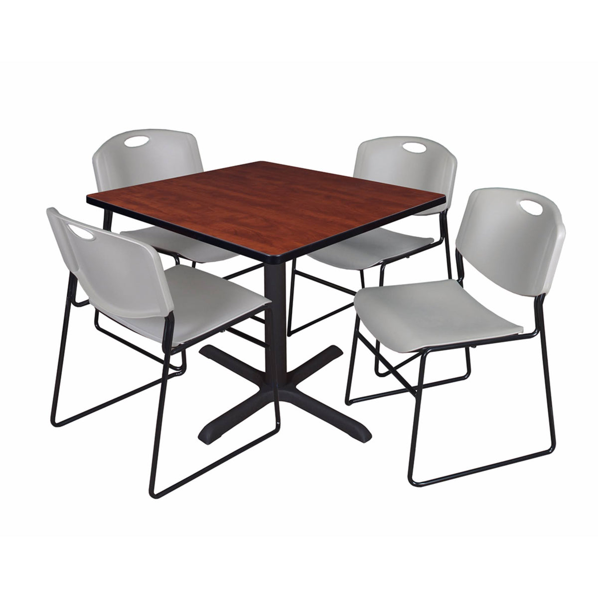 Cherry Square Breakroom Table & 4 Grey Stack Chairs F5946