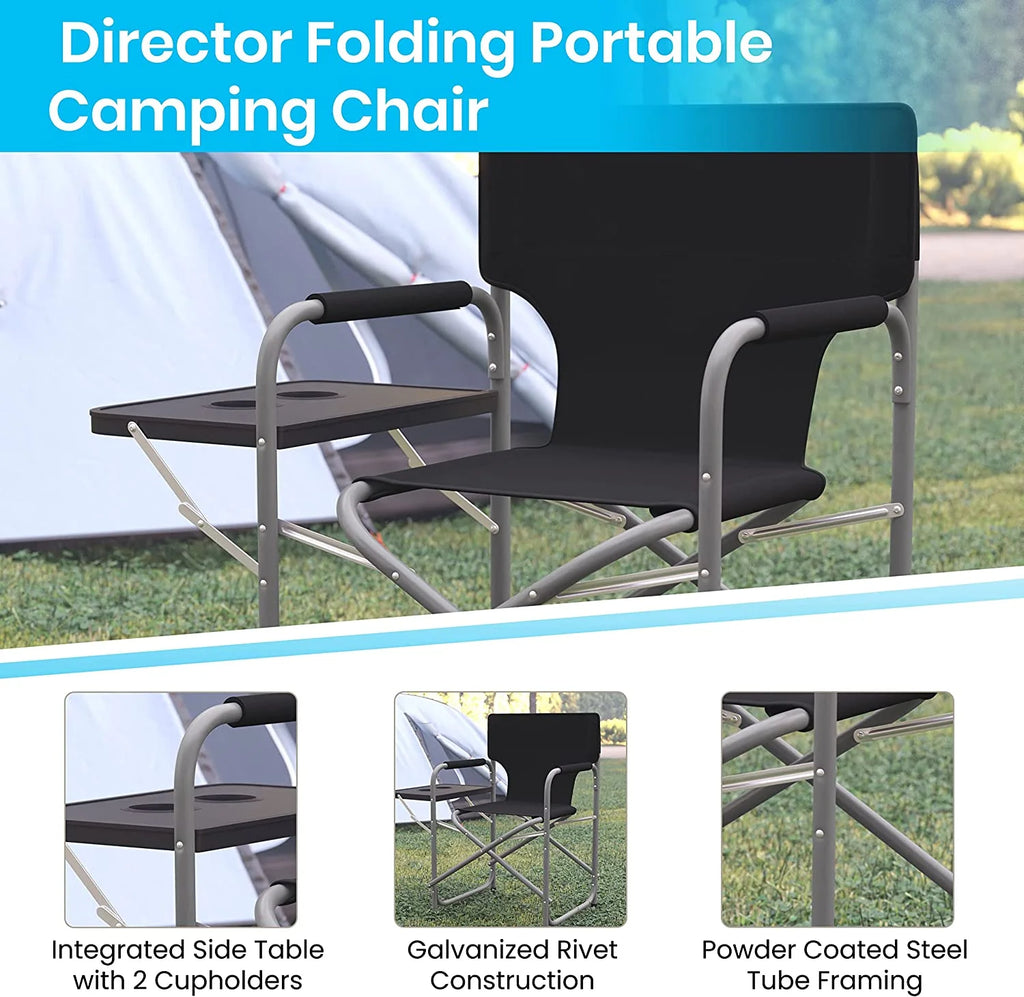 Black Folding Camping Chair with Side Table and Cup Holder W60049