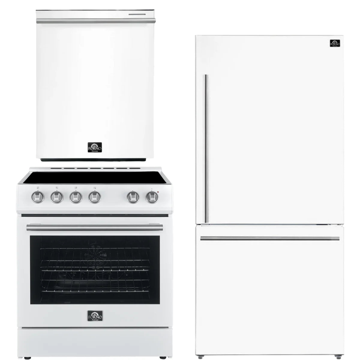 30 Electric Range, Refrigerator and Dishwasher in White with Silver Handles R8352
