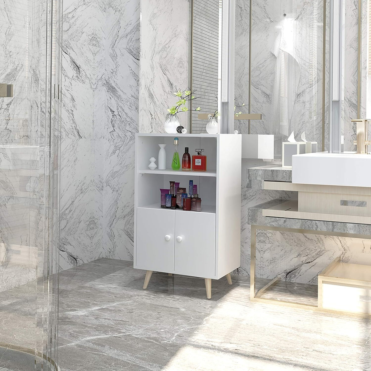 Ivory White Freestanding Bathroom Storage Cabinet with 2 Open Shelves M938224