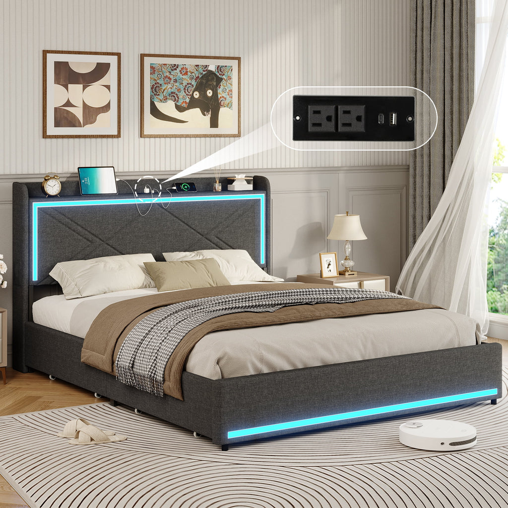 Queen Bed Frame with LED Lights Headboard and Charging Station, Upholstered Platform Bed with Storage Drawers, Dark Gray Q31804